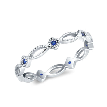 Eternity Style 3mm Wedding Band Ring Round Simulated Blue Sapphire Cubic Zirconia 925 Sterling Silver